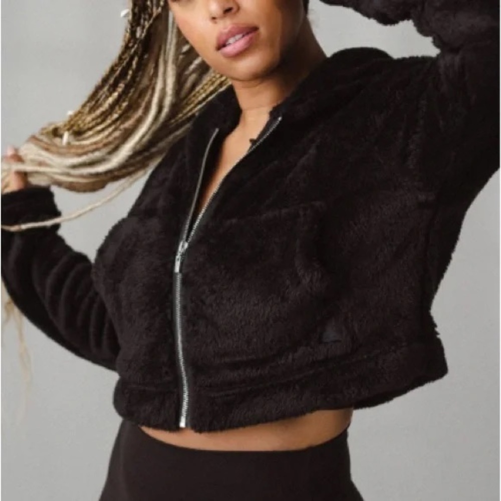 Vitality Cropped Black Sherpa Zip Up Hoodie